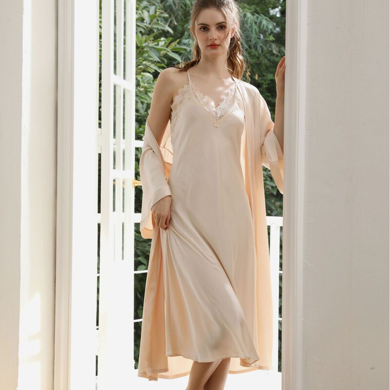 2026 New Style Sexy Lace Ice Silk Long Home Wear Women's Camisole Nightgown Silk Robe Bridal Morning Robe