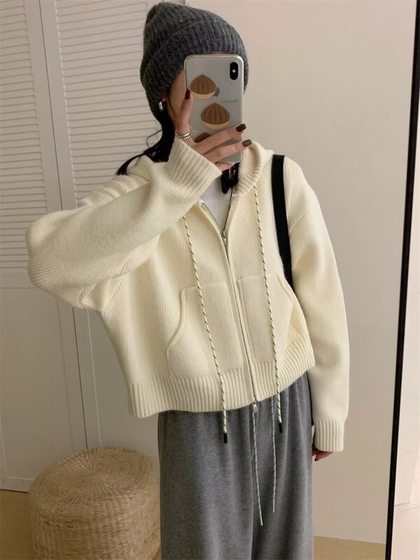 气质休闲连帽加厚短款开衫2025秋冬新款韩版淑女风显瘦上衣针织衫|undefined