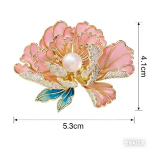 Classical Cloisonné Flower Brooch in Pink, High-End Women's Natural Freshwater Pearl Elegant Suit Pin, Luxurious and Grand