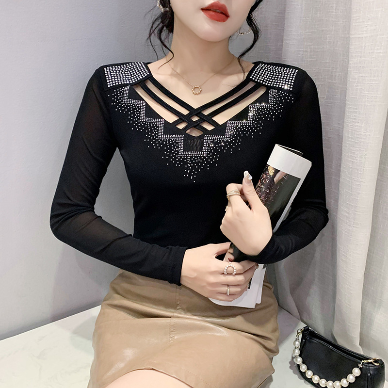 Blusa de Malla de Manga Larga para Mujer de Acrílico con Cuello en V y Pedrería para Uso Diario
