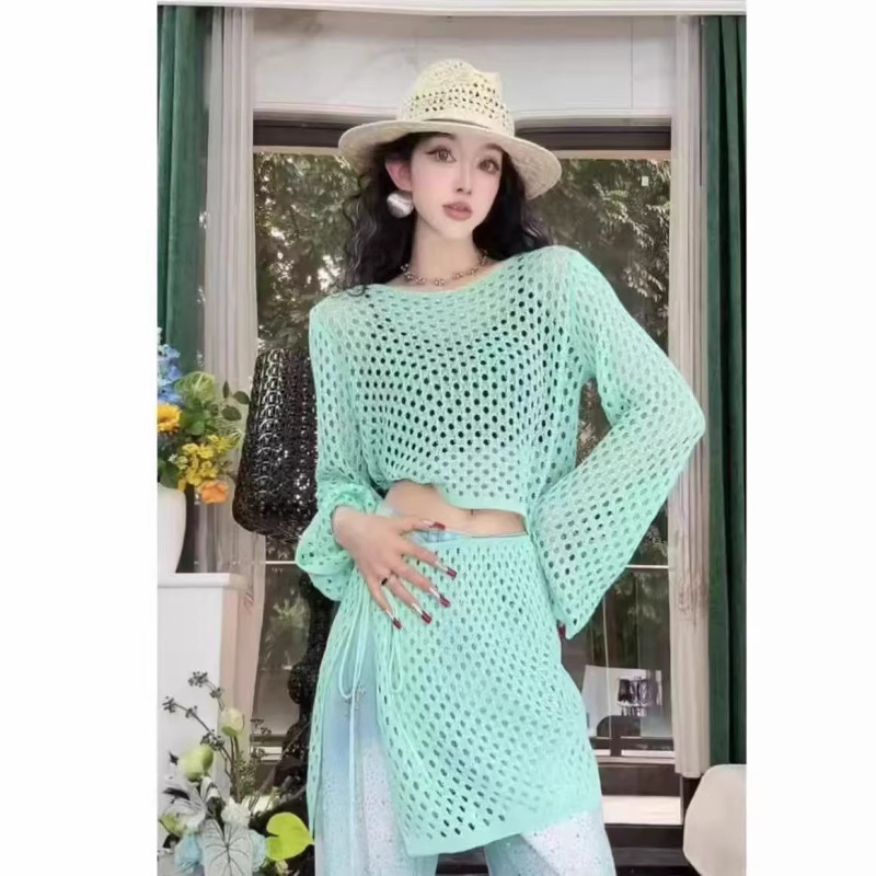 2026 Spring Hot-Selling Fashion Long-Sleeve Mesh Round Neck Blouse with Tie-Up Skirt Set