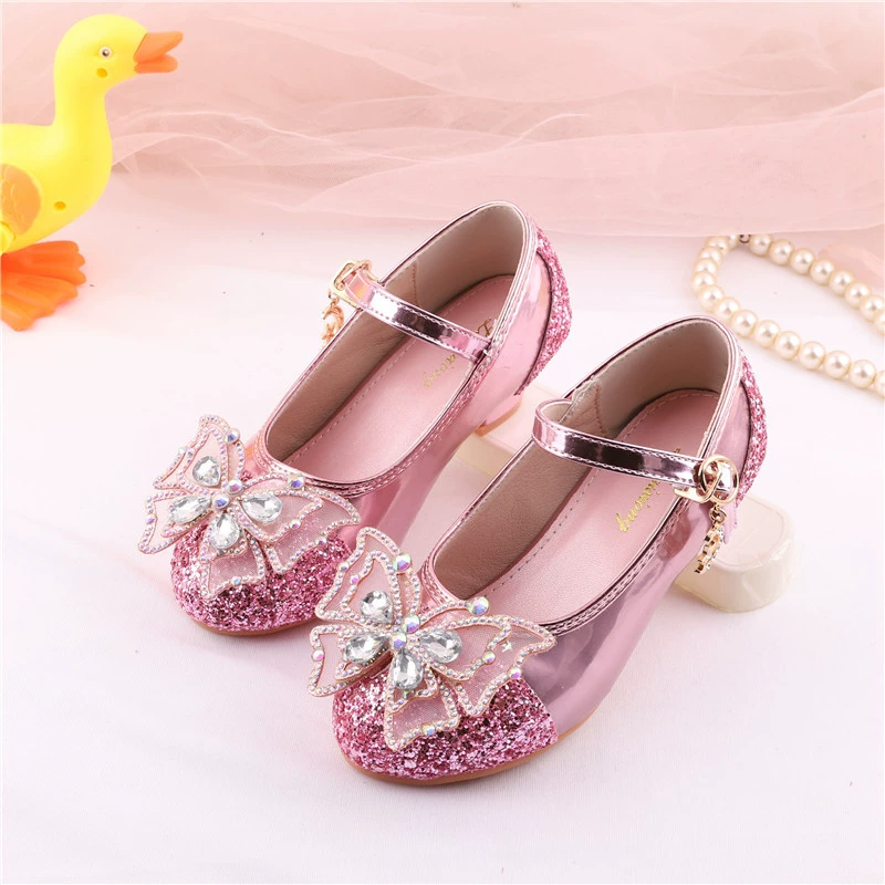Розовые кожаные туфли принцессы весной и осенью новые банты со стразами с блестками