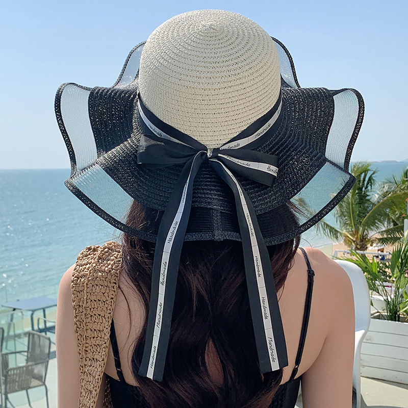 Sombrero de paja con lazo – estilo veraniego, ala ancha, para playa o vacaciones al aire libre