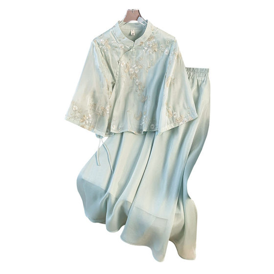 Good quality Chinese style antique temperament women's embroidery stand collar improved embroidery cheongsam Hanfu tea dress skirt suit