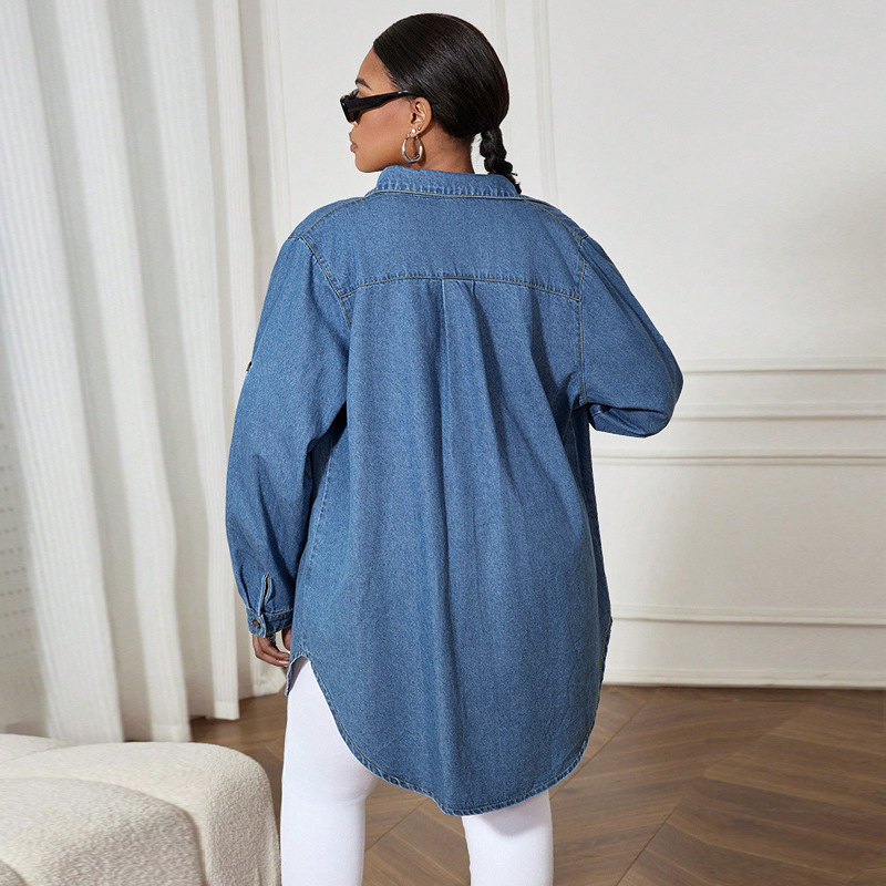 Jeanshemd in Übergröße, Oversize-Hemdjacke aus Chambray mit langen Ärmeln für Damen, lässige Bluse zum Drunterziehen_voghion.com