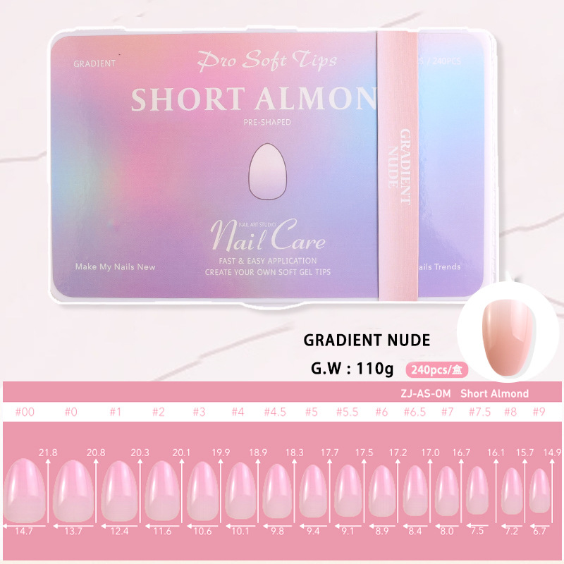 Armadura de almendra corta degradada 240 piezas de manicura en caja, alta permeabilidad, alta elasticidad, sin amarilleamiento, uñas postizas de alta gama