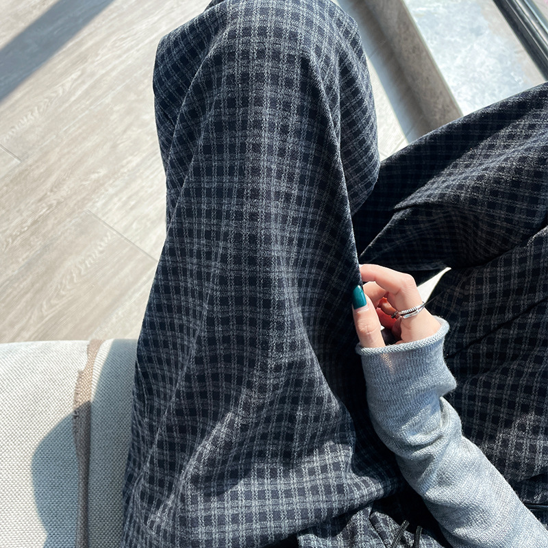 黑灰格子阔腿裤女秋季新款松紧腰垂感显瘦宽松慵懒遛弯休闲拖地裤|undefined