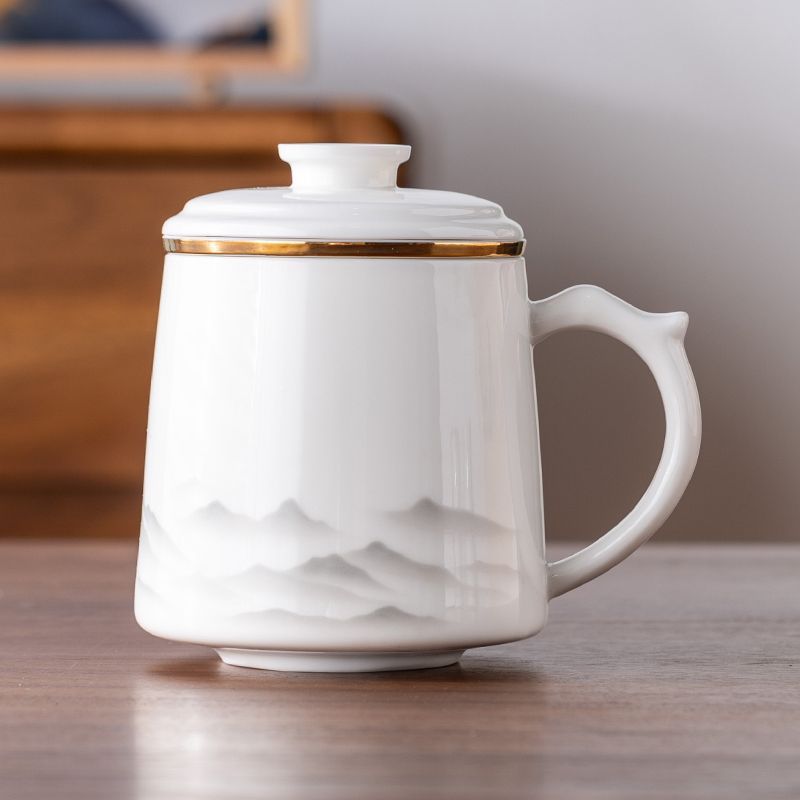 羊脂玉茶杯陶磁器茶水分離オフィスカップ国潮文創水杯会社年次総会ビジネスお土産|undefined
