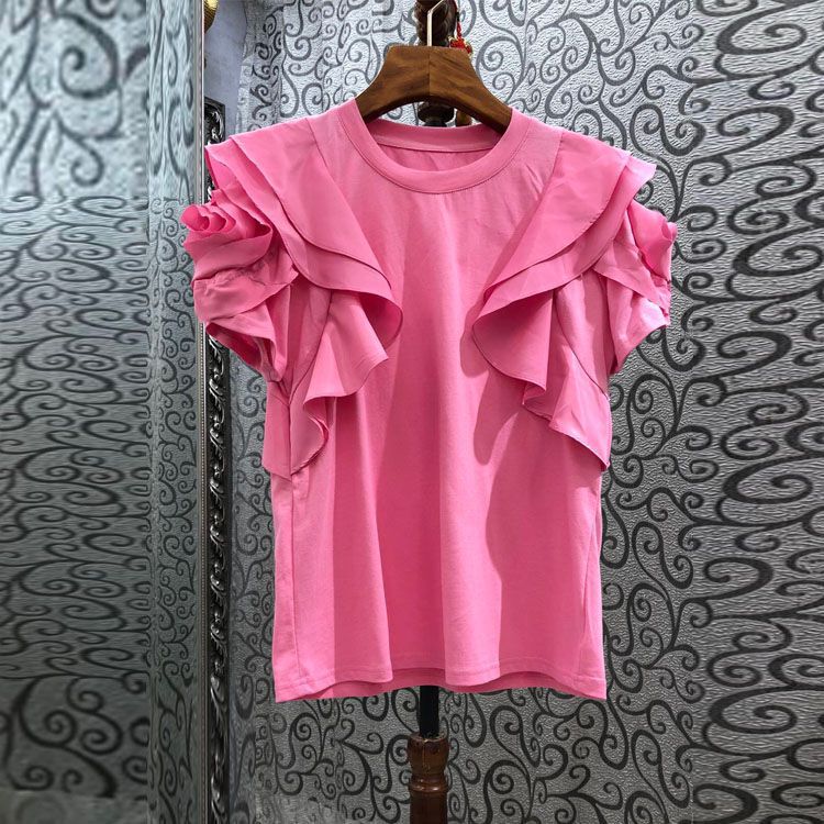 European Station Women's 2022 Summer New Clear Color Round Neck Ruffled Stitching Short-sleeved T-shirt All-match