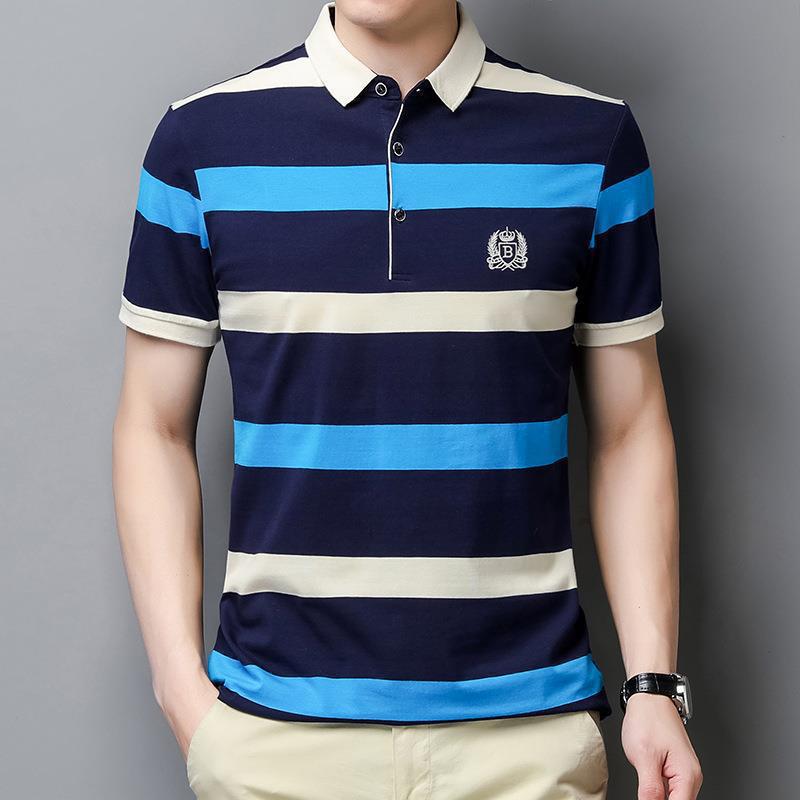 POLO hombre de alto nivel ligero de negocios camiseta de rayas verano nuevo golf de manga corta camiseta bordada con la tapa de rayas