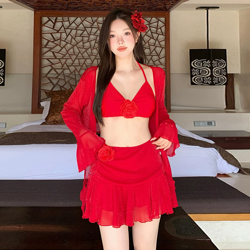 Plus-size Women's Swimsuit In Bright Red, Four-piece Bikini Set With Long Sleeves, Sun Protection, Sexy And Pure Desire_voghion.com