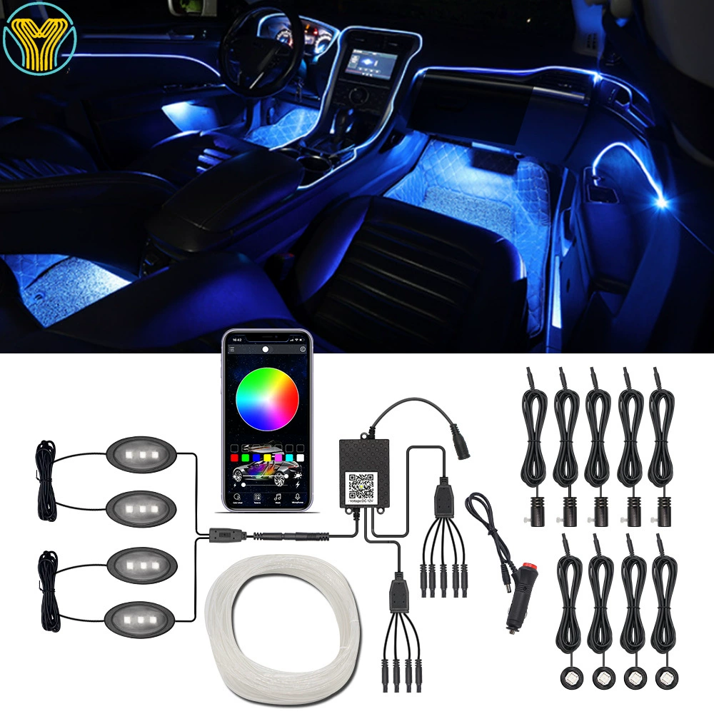 Автомобильная атмосферная лампа холодного света оптоволоконная линейная лампа APP One Drag 13 Холодный свет пульт дистанционного управления RGB ножная атмосферная лампа