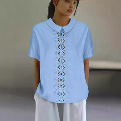 綿麻の網のレースの独立した駅の新型のゆったりした襟のシャツの女性の半袖の上着のtシャツをつなぎ合わせます。