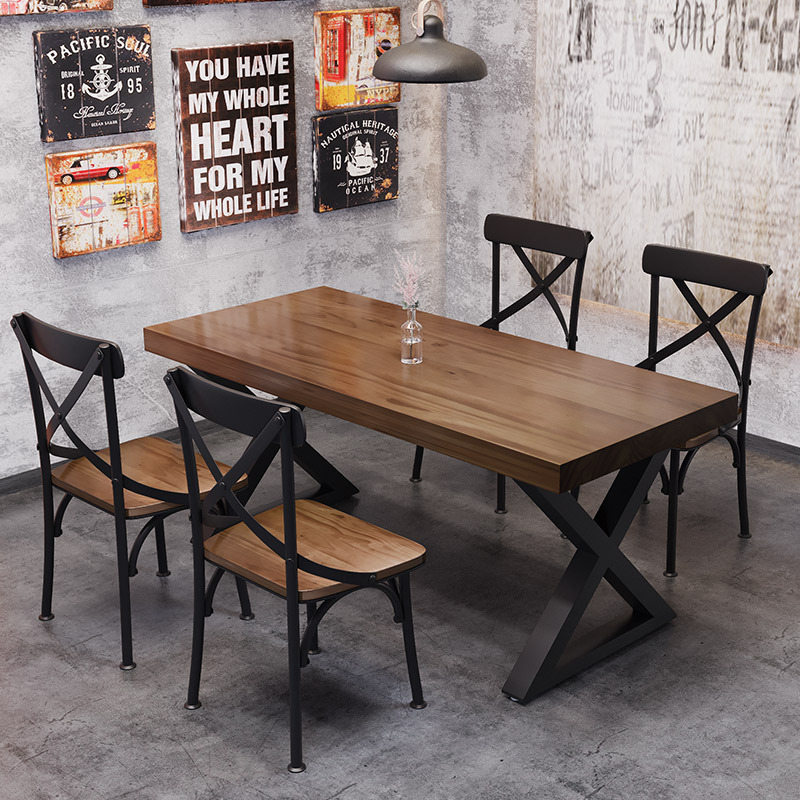 酒吧清吧音乐复古餐桌椅组合餐台咖啡厅工业风烧烤铁艺实木火锅桌