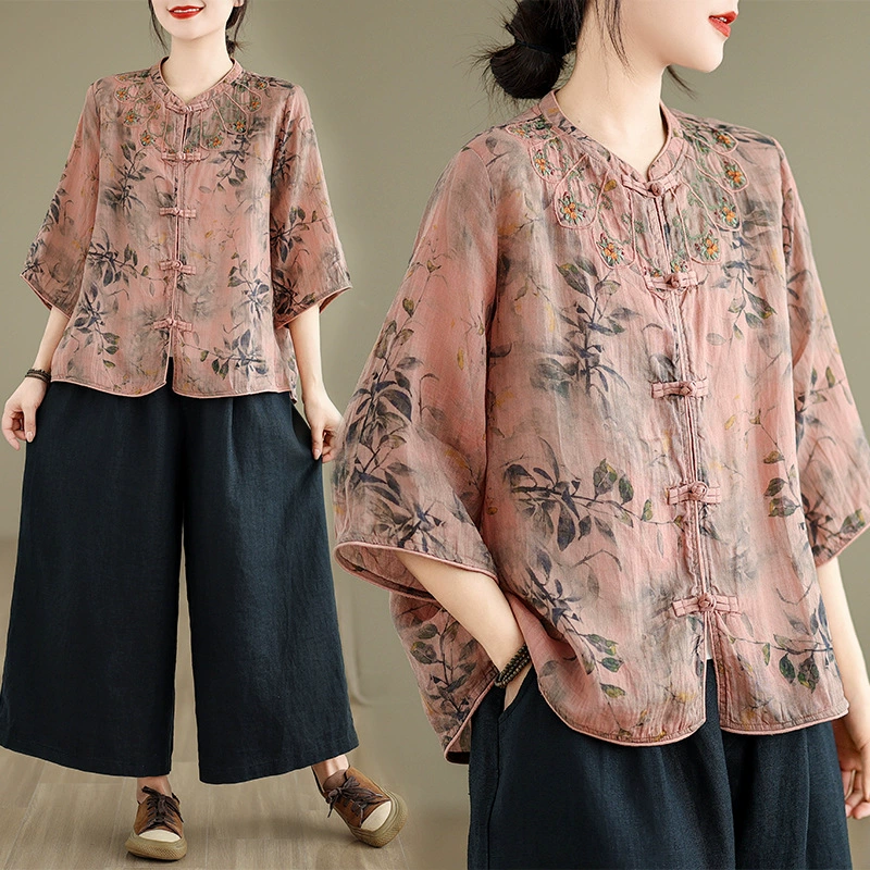 Реальный снимок ~ Рубашка с короткими рукавами с вышивкой, новый принт в китайском стиле, модная универсальная рубашка, свободный топ для похудения