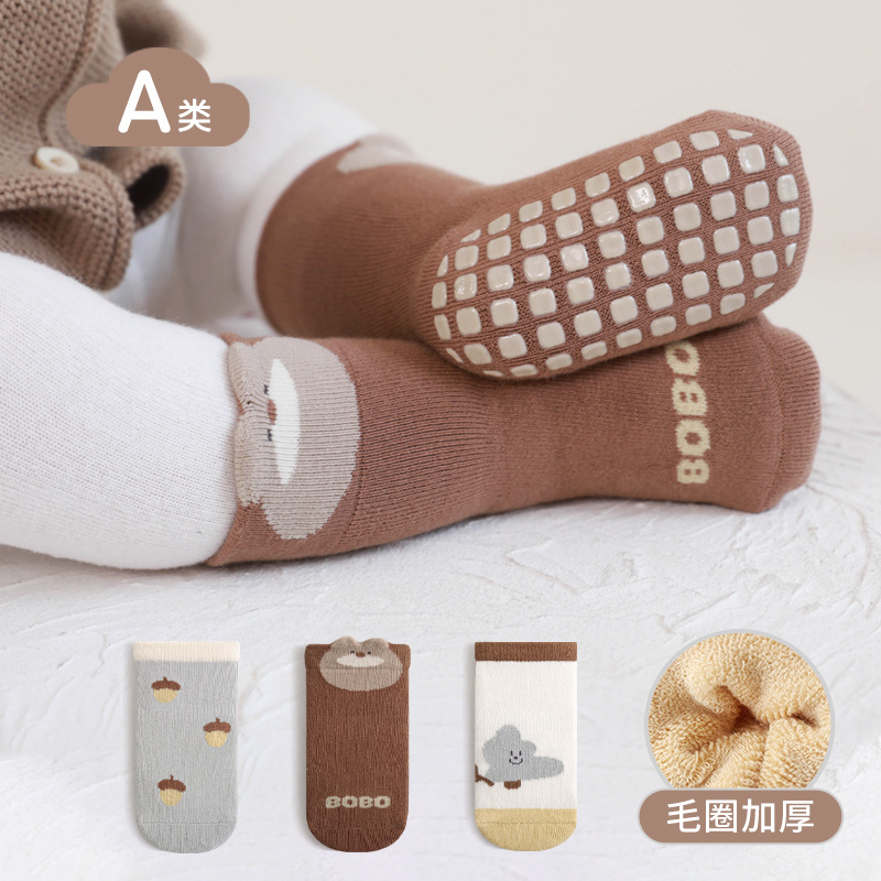 Bebé niño calcetines Otoño e Invierno deshuesado boca gruesa caliente bebé niños y niñas interior antideslizante calcetines de piso de dispensación