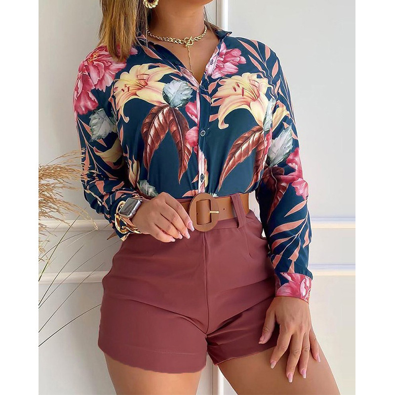 Conjunto de camisa de manga larga con estampado floral y pantalones cortos NSXPF103325