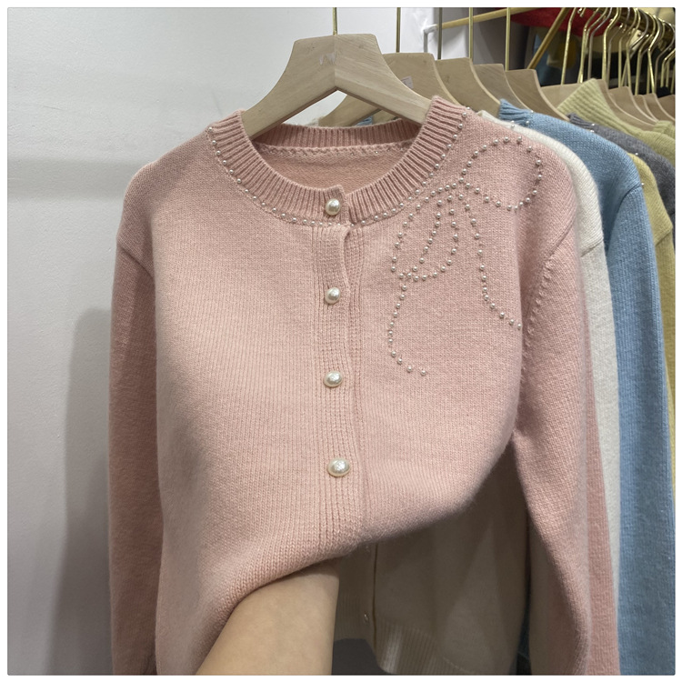 Women's Clothing Chic Embellished Bow Knit Cardigan For Women - Autumn Casual Long Sleeve Open Front Sweater (Blue, Yellow, Gray, Beige, Pink)_voghion.com