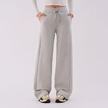 lulu同款女士秋冬阔腿运动裤轻拉绒宽松休闲裤显瘦直筒裤黑色长裤