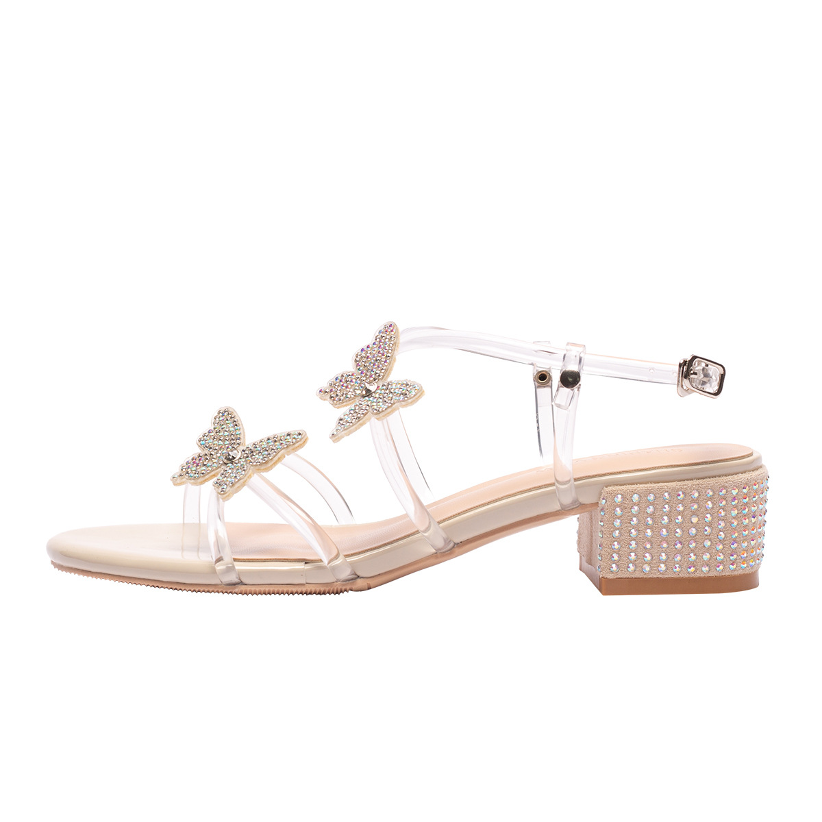Spot rhinestone butterfly transparent thin with fairy style square sandals summer new mid heel thick heel shoes women's all-match