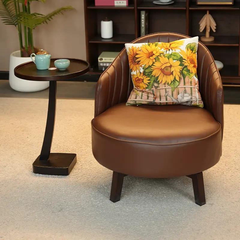 Flower-Surrounded Backrest Chair Single Swivel Sofa Chair Relaxing Living Room Balcony Home Retro Light Luxury Leather Chair Bedroom