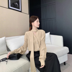 实拍 法式气质古金色V领衬衫女秋季丝带设计高级感时尚长袖衬衣潮