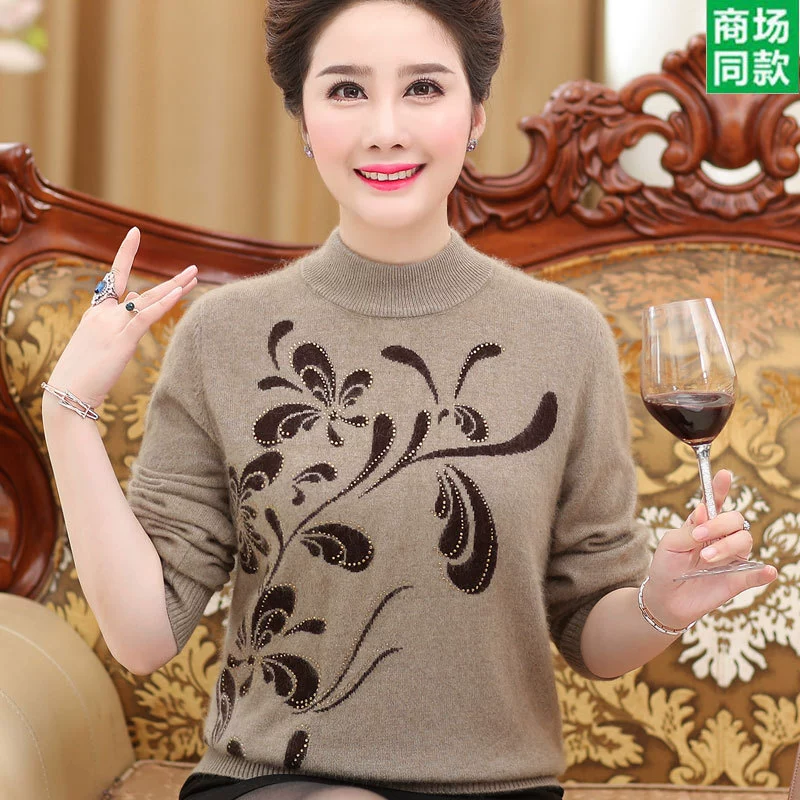 Новый осенне-зимний свитер из чистой шерсти для женщин, с воротником-стойкой, утолщенный, для женщин среднего и старшего возраста, свитер с широким вырезом, базовый слой.