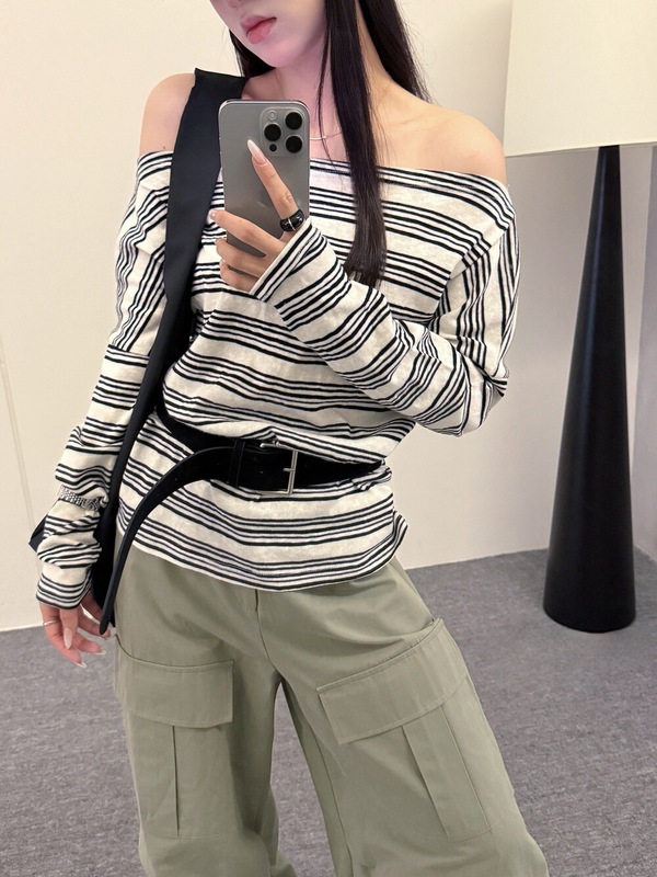 2025早秋新款撞色条纹斜肩配腰带T恤+内搭背心时尚洋气两件套装女|undefined