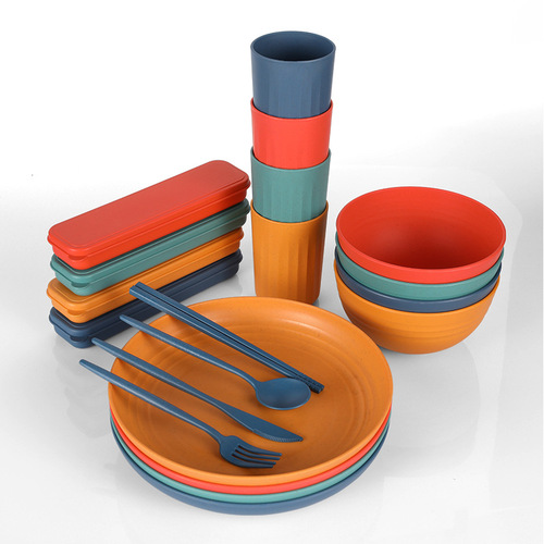 Cross-border Amazon Wheat Straw 32-piece set of plates, bowls, cups, knives, forks, spoons, chopsticks and tableware for 4 people gift set