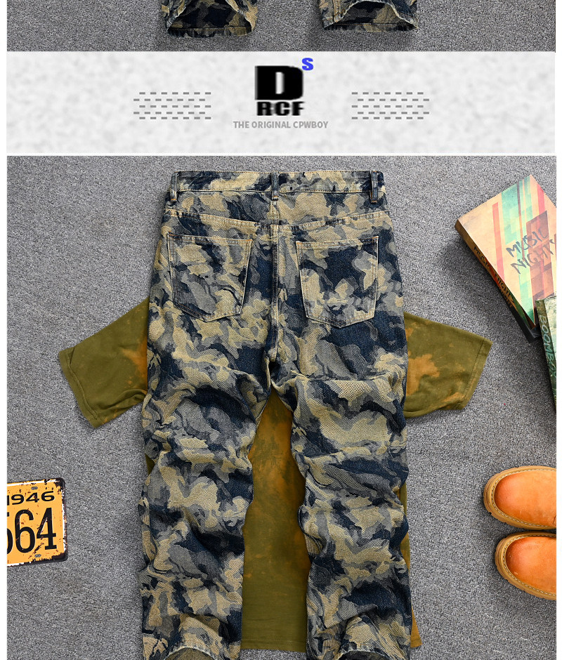 Men's Retro Washed Straight Leg Jeans Loose Fit Patchwork Denim_voghion.com
