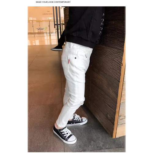 Boys' Pants 2024 Spring Hole Style Casual Ankle Tight Fit White Trendy Korean Version Medium and Large Children's Pants