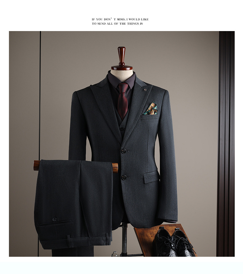 Men’s Three Piece Slim Fit Suit Solid Colour Business Formal Suit_voghion.com