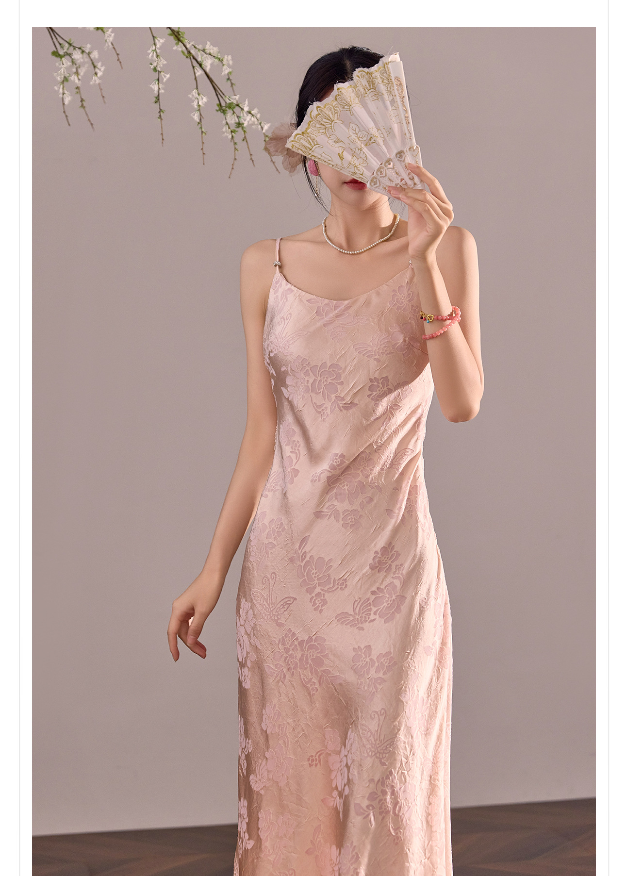 Đầm maxi nữ quốc phong dây mảnh chữ A dáng dài thắt eo — màu đen chi tiết 7