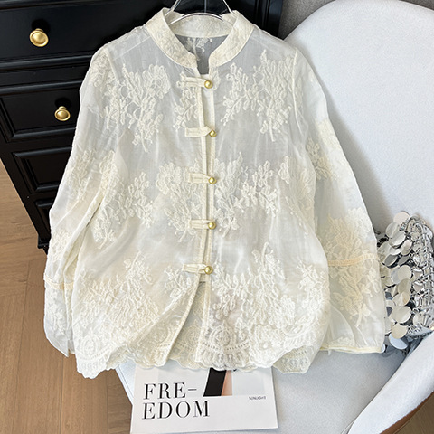 New Chinese-Style Buttoned Retro Lace Shirt for Women 2026 New Model with National Style Embroidery, Slimming, Versatile, and Elegant Long-Sleeve Top