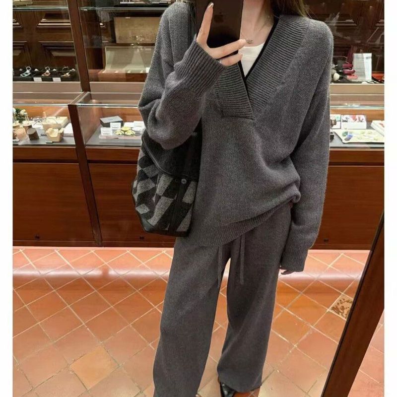 秋冬2025新款女时尚宽松大码假两件针织毛衣高级穿搭阔腿裤两件套|undefined