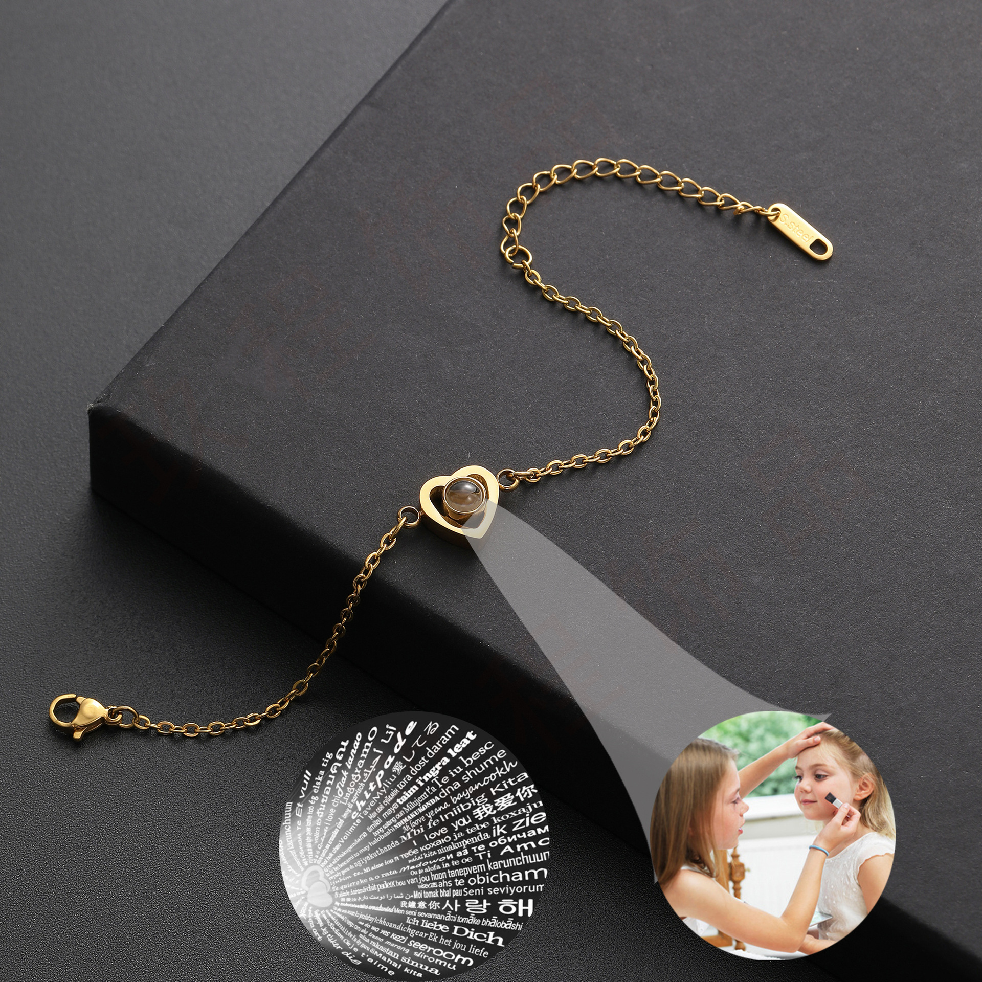 [원피스 커스터마이징] 스테인레스 스틸 나노 마이크로 조각 100 개 언어 DIY 사진 프로젝션 스톤 러브 팔찌