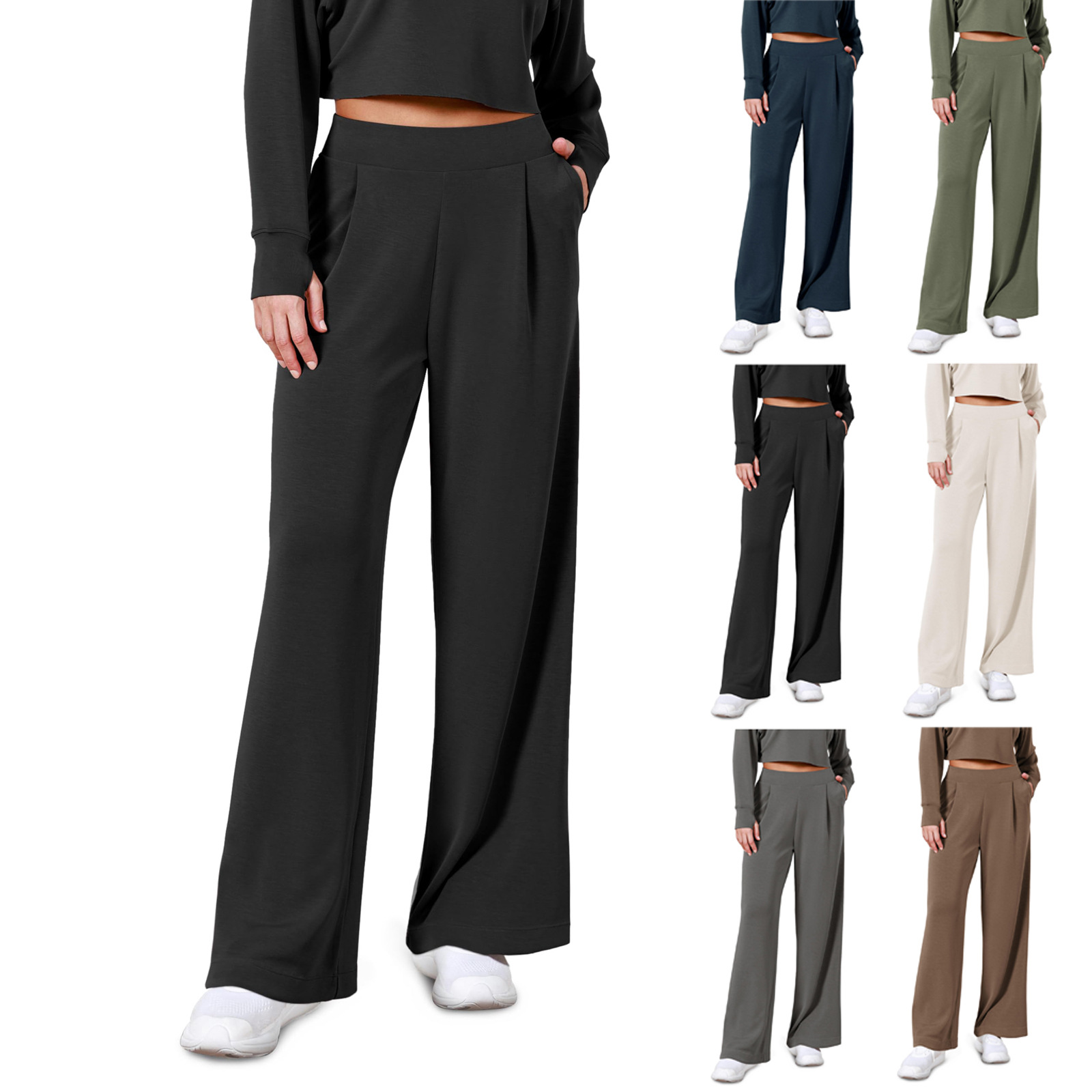 亚马逊新款早春宽松休闲裤欧美时尚潮流纯色简约高腰女垂感直筒裤