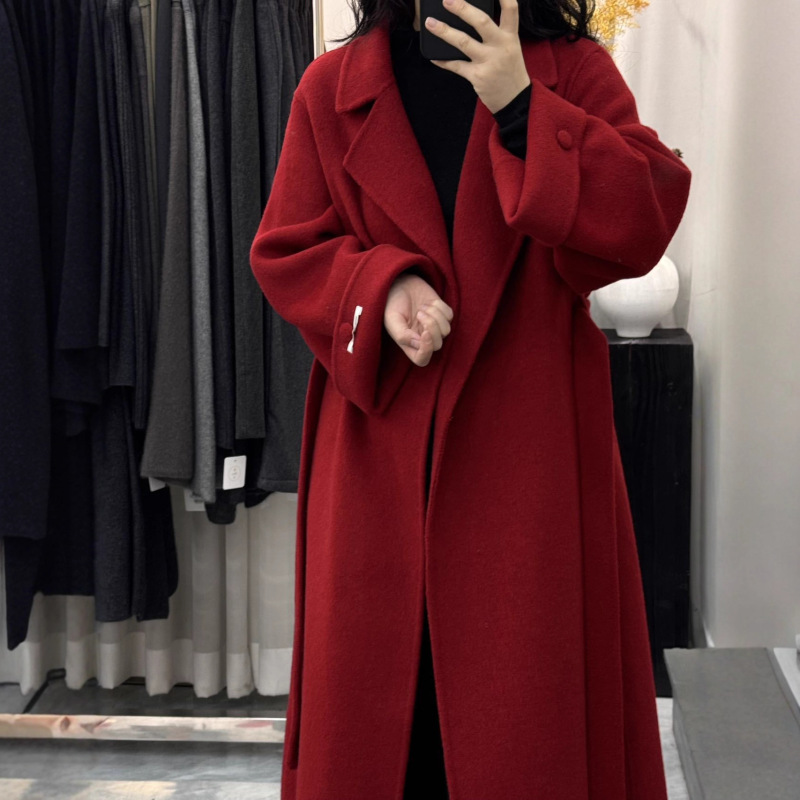 [Rose] New Autumn and Winter Double-Sided Cashmere Wool Outwear for Women Red High-End Long Silhouette Woolen Outwear