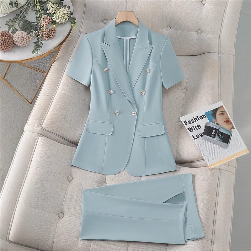Wholesale price free shipping summer navy blue small suit collar coat women's pants summer professional two-piece suit fashion style