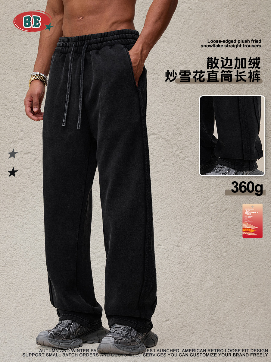 BE Pantalones deportivos informales holgados de pierna recta con forro polar y borde deshilachado para hombre, marca europea y americana de moda, estilo urbano, con diseño de copo de nieve, 2025