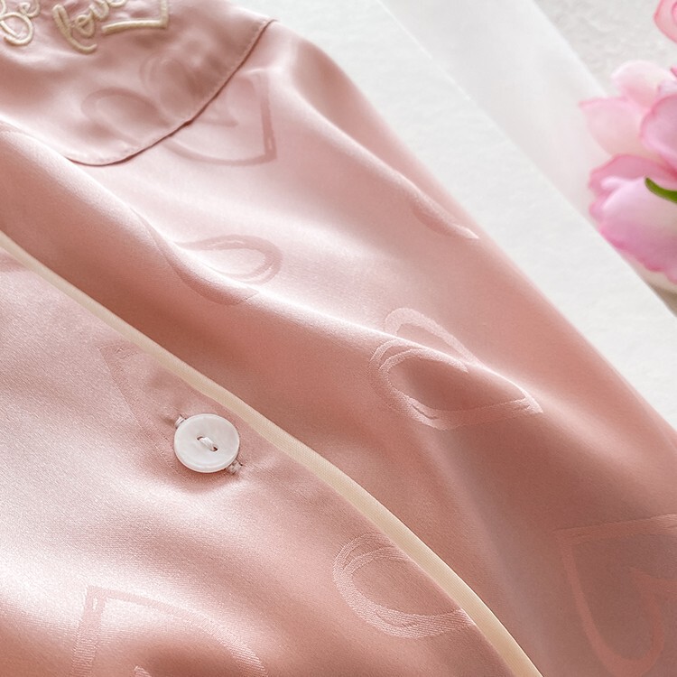 真丝睡衣女款春秋季长袖粉色心形桑蚕丝绸缎感家居服套装夏天|undefined