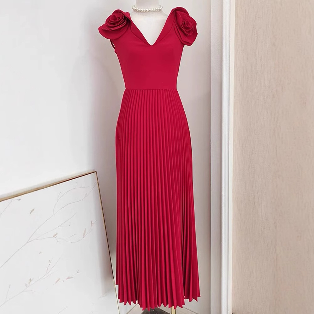 Elegant Dress With 3D Floral Appliques, Ruffled A-Line Midi Dress, V-Neck Sleeveless Formal Gown For Women_ecoleips.com