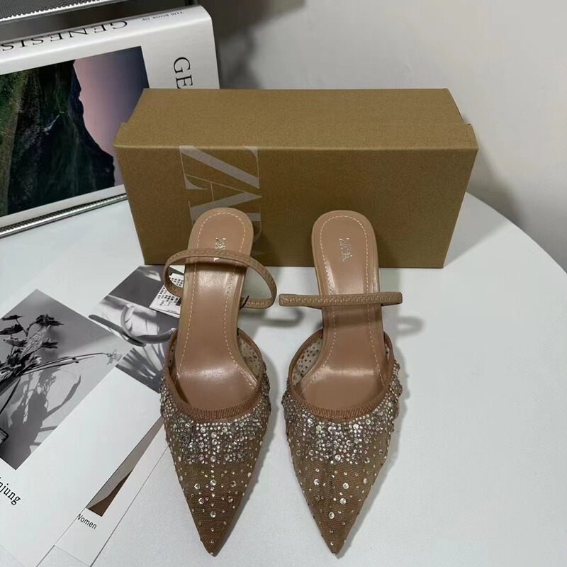 ZA2024 New Pointed Rhinestone Sequins Inlaid Shallow Tape Thin Heeled Sexy Fashion Sandals High Heeled Women