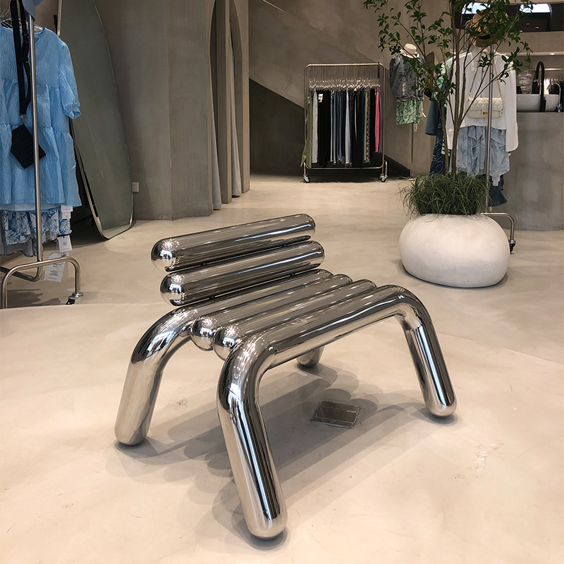网红服装店镜面不锈钢茶几陈列道具休息凳椅子装饰布置女装店桌子