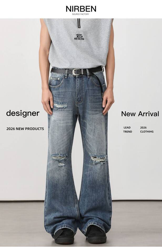 Quần jean nam ống loe nhẹ rách gối phong cách retro, dáng rộng ống suông tôn dáng, quần dài casual — Xanh nhạt, Xanh đậm chi tiết 3