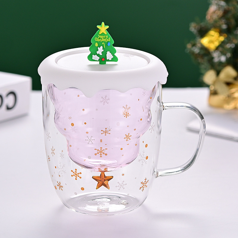 Taza navideña de vidrio de doble capa con asa, diseño de estrella y deseos, ideal para leche o jugo
