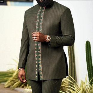 2025 Cross-Border Export African Ethnic Style Men's Stripesd Long-Sleeved Embroider 2-Piece Suit Kaftan Ready Stock