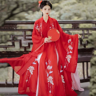 花嫁汉服红色交领齐腰大袖衫绣花破裙夏季仙气婚礼中国风刺绣长袖