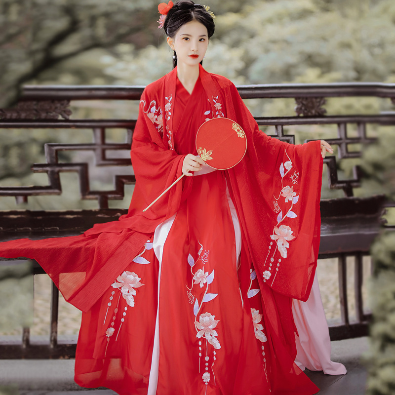 Bride's Hanfu Red Cross-Collar Waist-Length Blouse with Large Sleeves, Embroidered Skirt, Summer Fairy-Style Wedding Chinese Style Embroidered Long Sleeves
