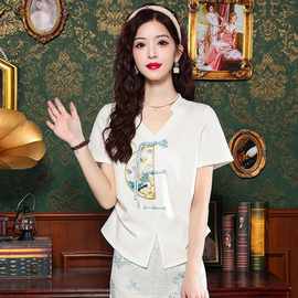 新中式国风盘扣短袖T恤女夏季新款不规则下摆开叉设计刺绣V领上衣
